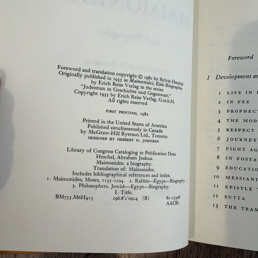Maimonides:‎ A Biography by Heschel, Abraham Joshua 1st Edition 1st Printing